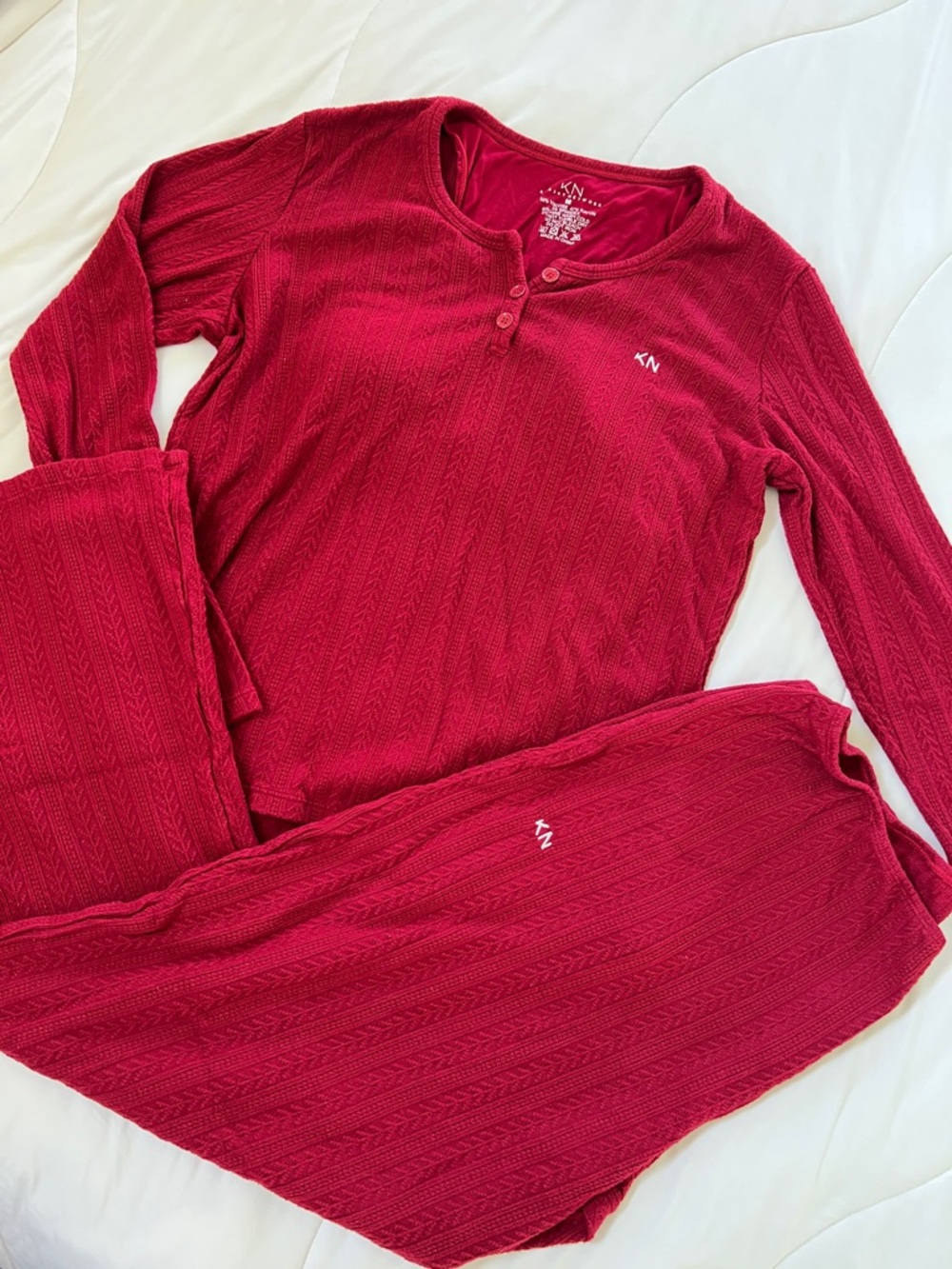 Wine-Red Henley Thermal Knit Top and Pants Set
